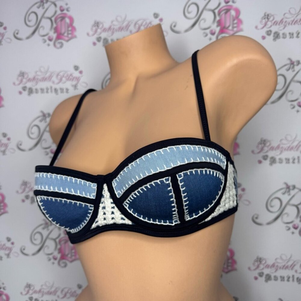 Triangl swimwear top bikini denim jean crochet blue navy cream snap back closure - Picture 3 of 14
